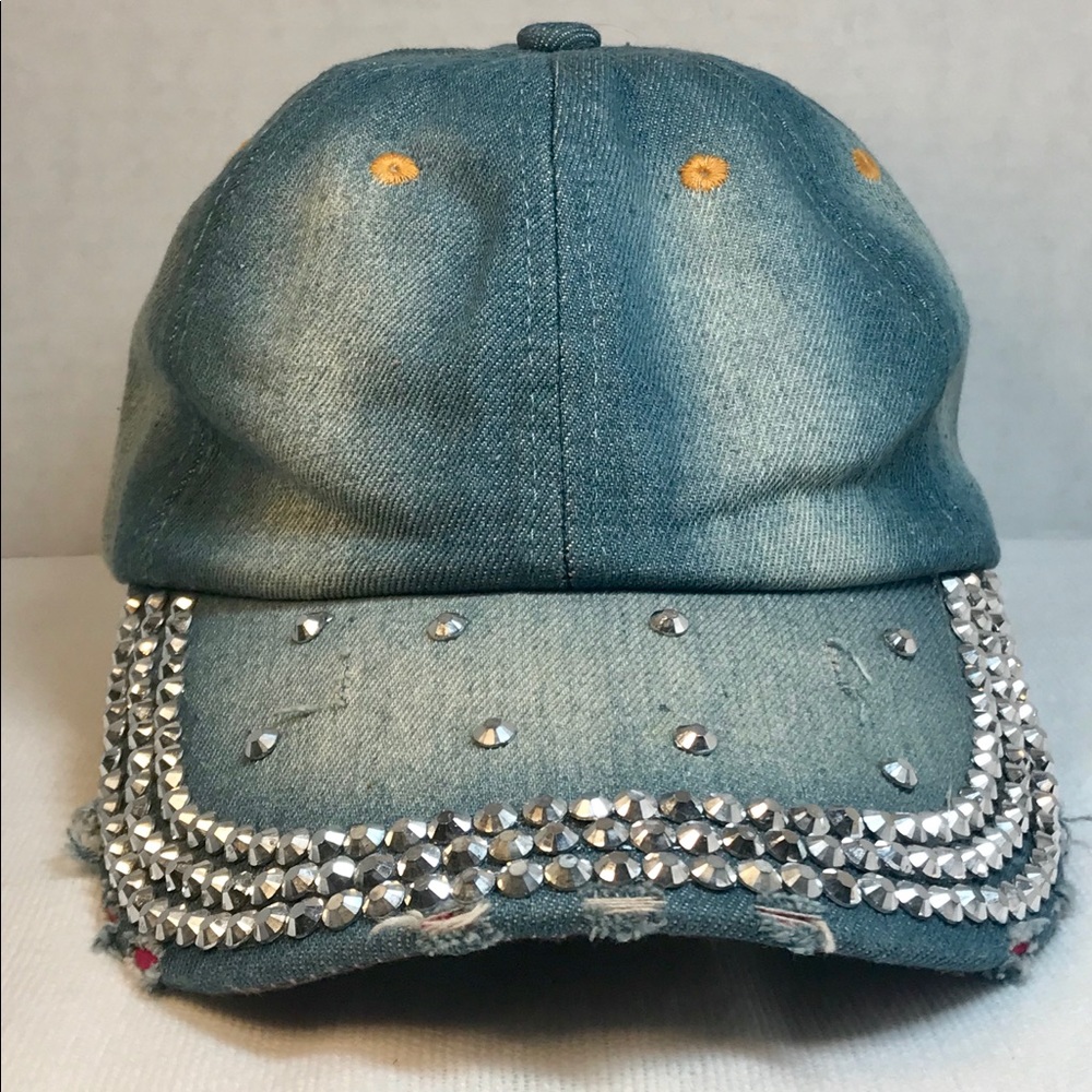 Distressed Denim Rhinestone Cap